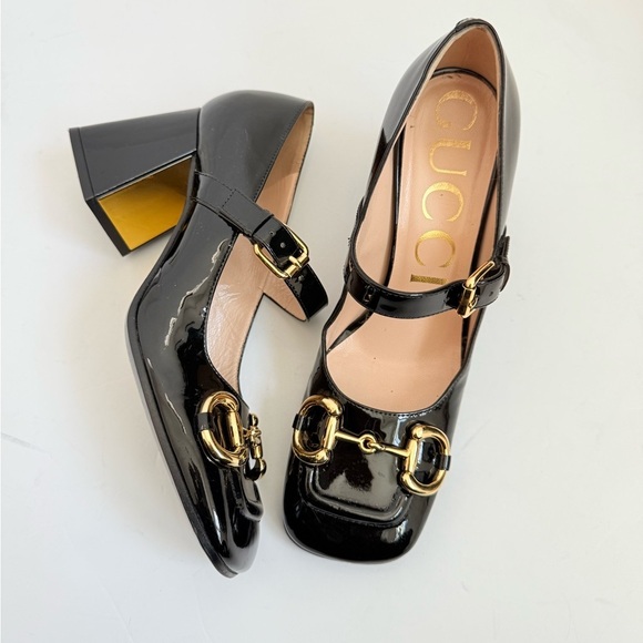 Gucci Black Patent leather Baby Horsebit Mid-Heel Mary Jane Pumps EU 37.5 - Picture 1 of 9
